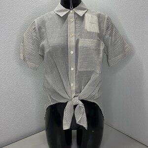 Theory Hekanina Striped Button-Up Shirt • Size P • Ivory/Navy Blue • Linen Blend
